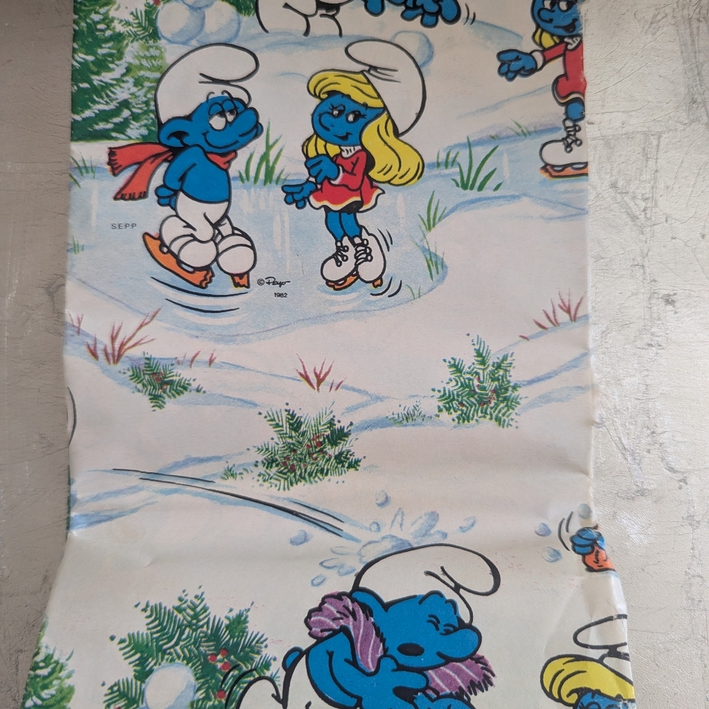 Smurfs Ice Skating Illustration Art Wrapping Paper 36" X78", 1982 Signed Peyo
